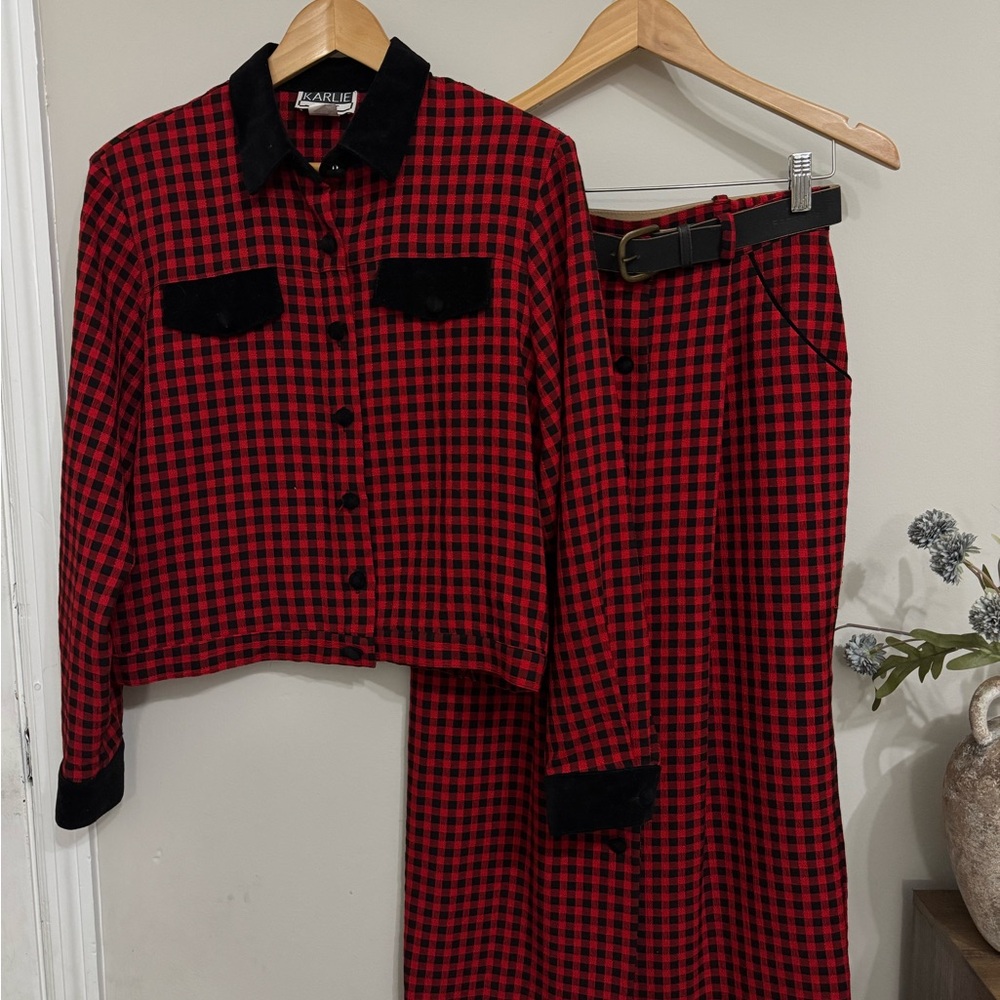 Karlie Sport Vintage 90s Plaid Skirt & Jacket Set Velvet Trim M